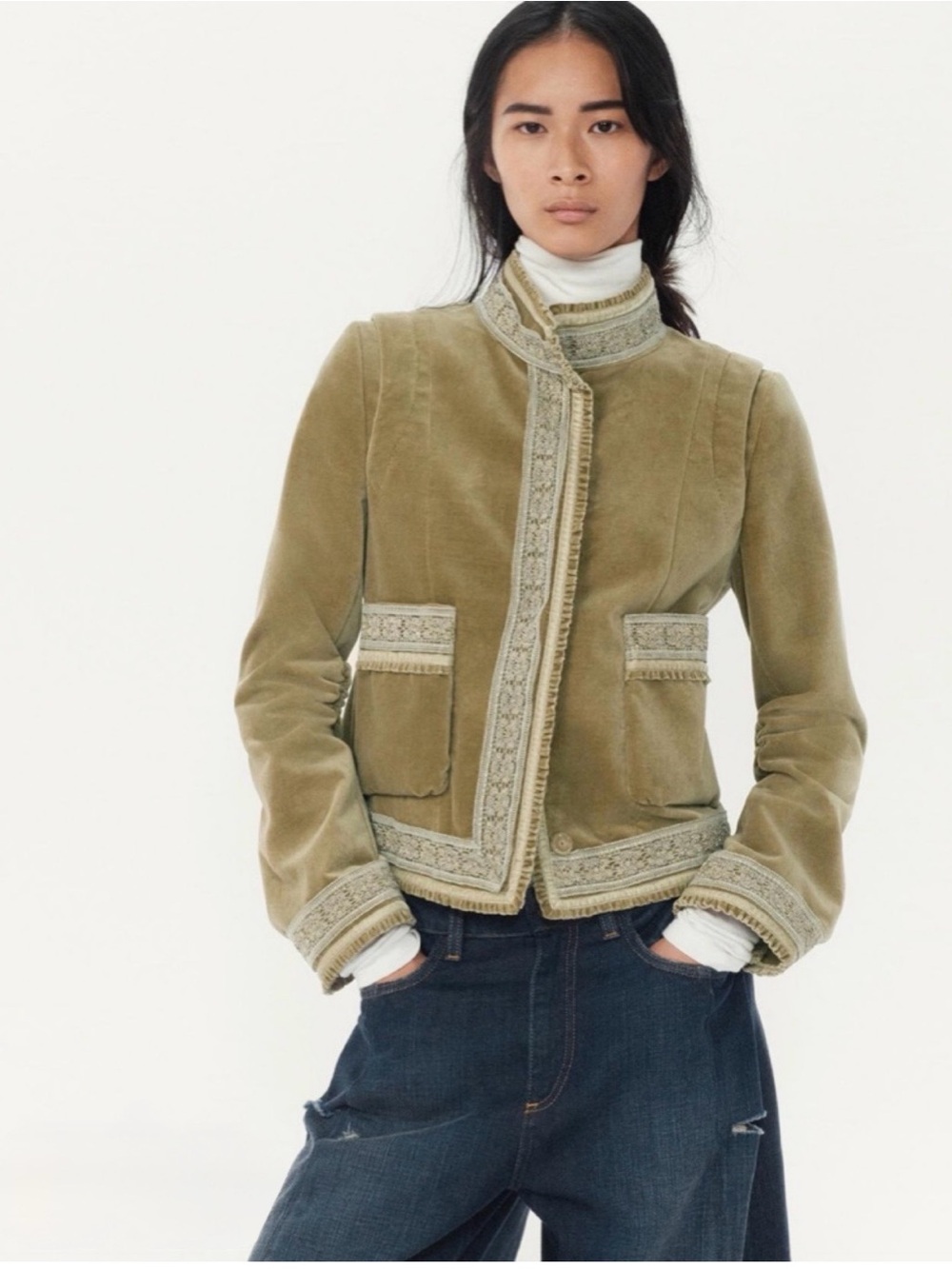 Olive Velvet Embroidered-Trim Blazer